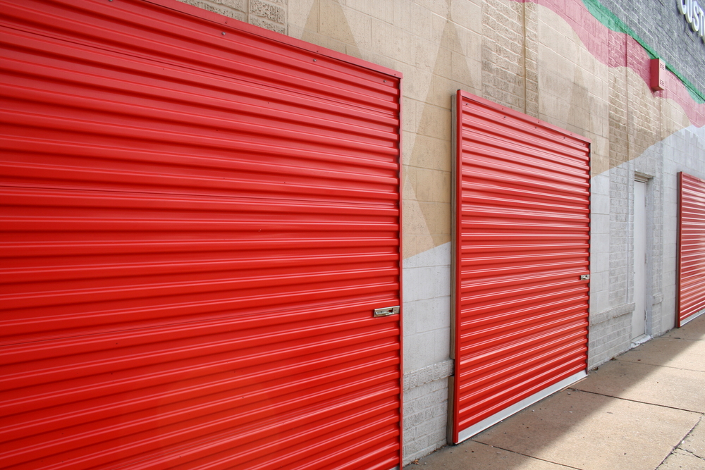 red doors at self storage facility